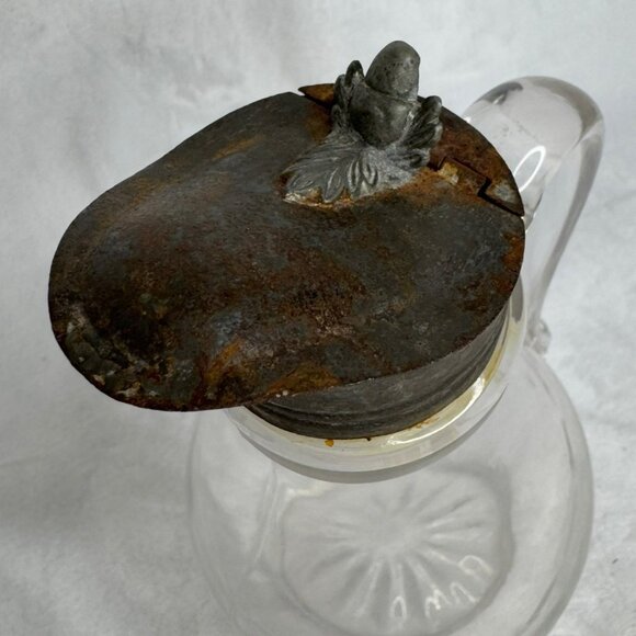 Antique Victorian Glass Pitcher With Ornate Pewter Lid & Handle - Picture 2 of 11